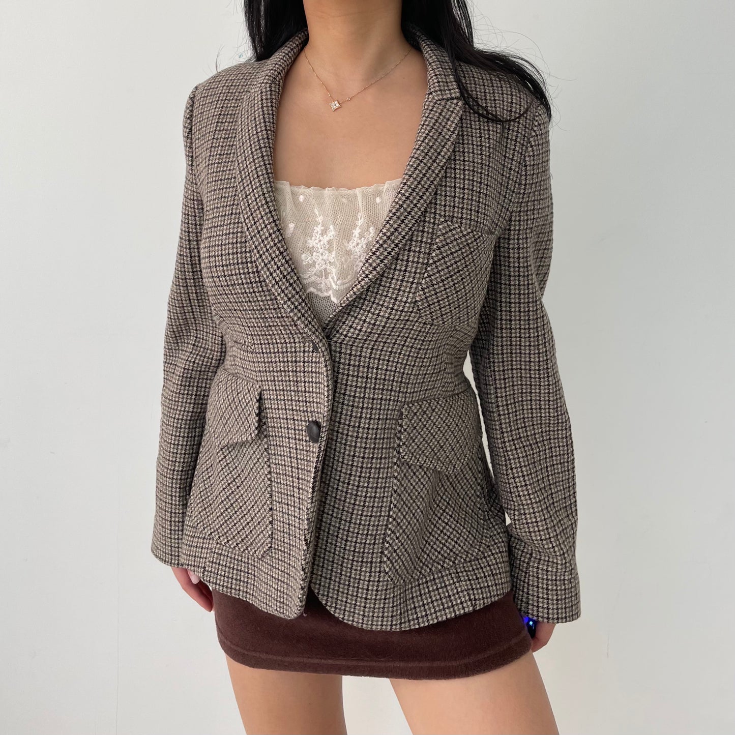 Old Label Zara Brown Houndstooth Single Breasted Blazer - Medium