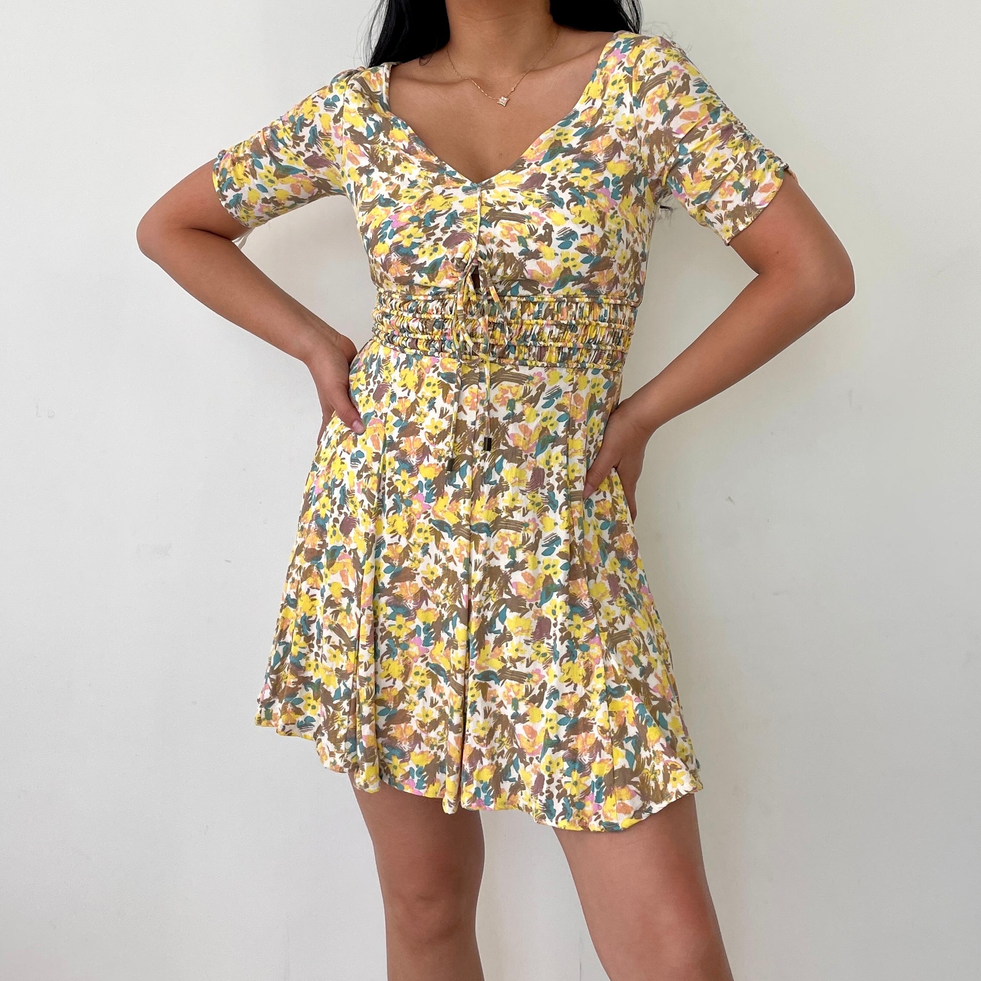 Yellow Floral Free People Short Sleeved Sundress - Zoehify 