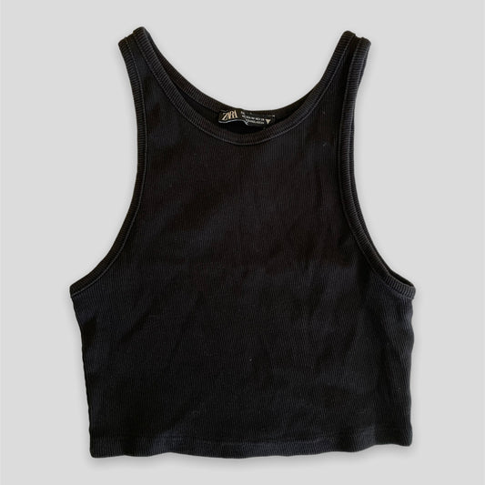 Zara Black Ribbed Crop Tank Top - Small