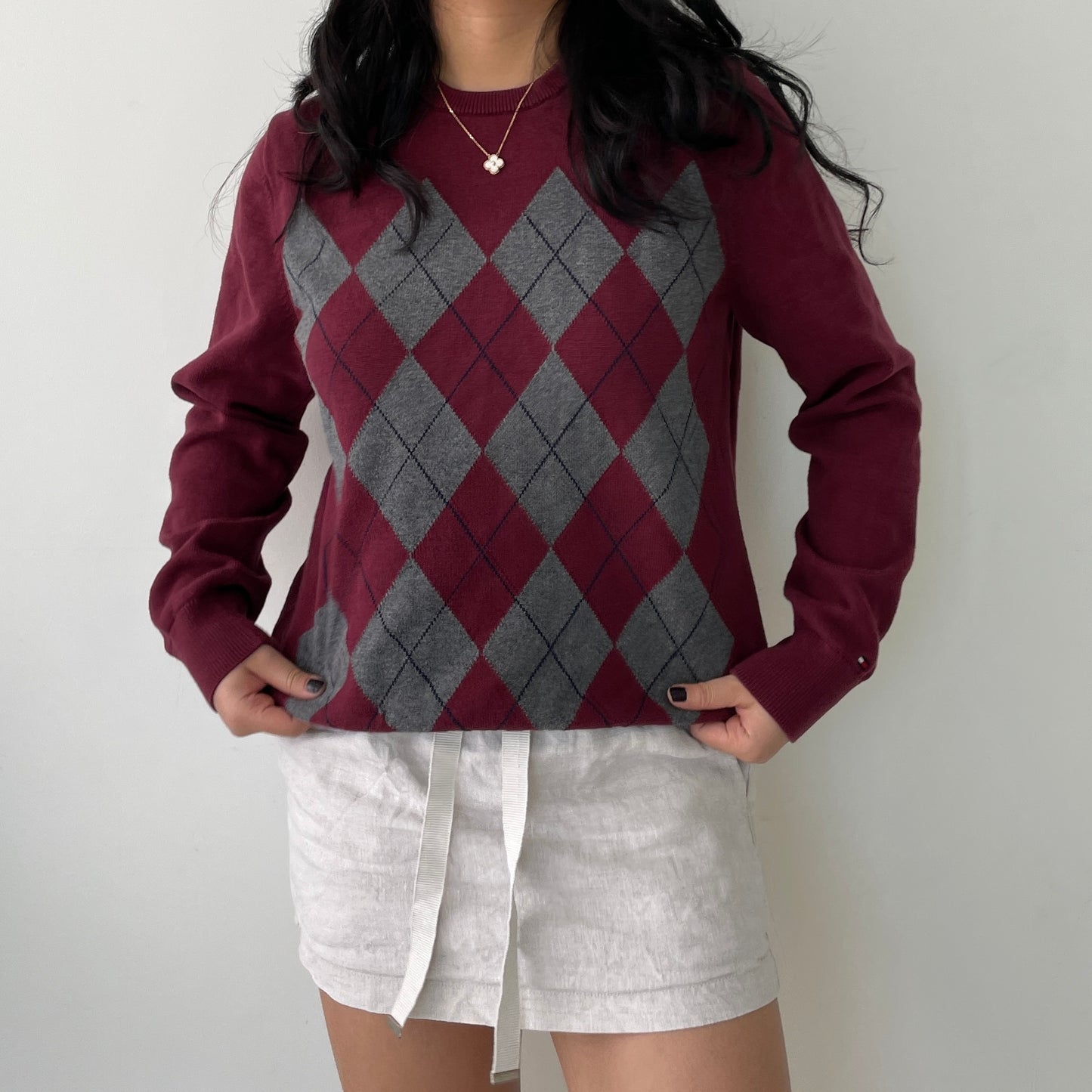 Tommy Hilfiger Burgundy Long Sleeve Argyle Jumper - Medium