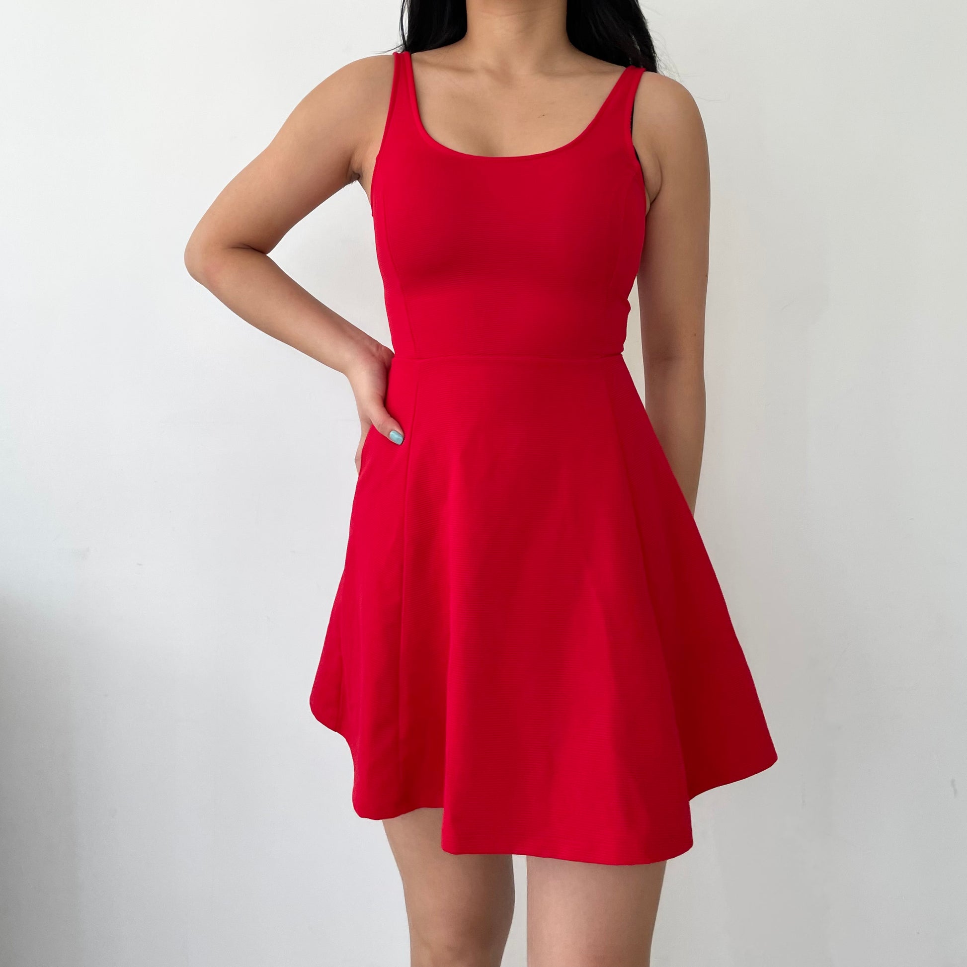 H&M Red Ribbed Fit and Flare Mini Skater Dress - X-Small H&M Red Ribbed Fit and Flare Mini Skater Dress - X-Small