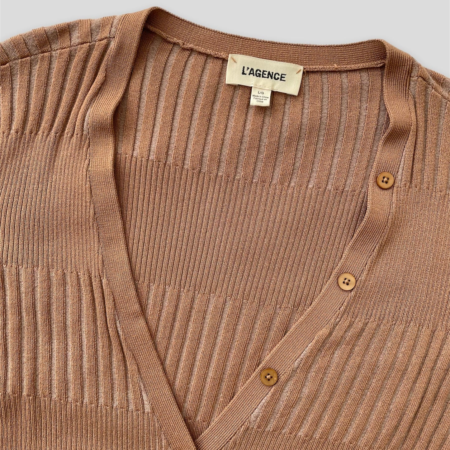 Tan L’Agence Ribbed V-Neck Cardigan