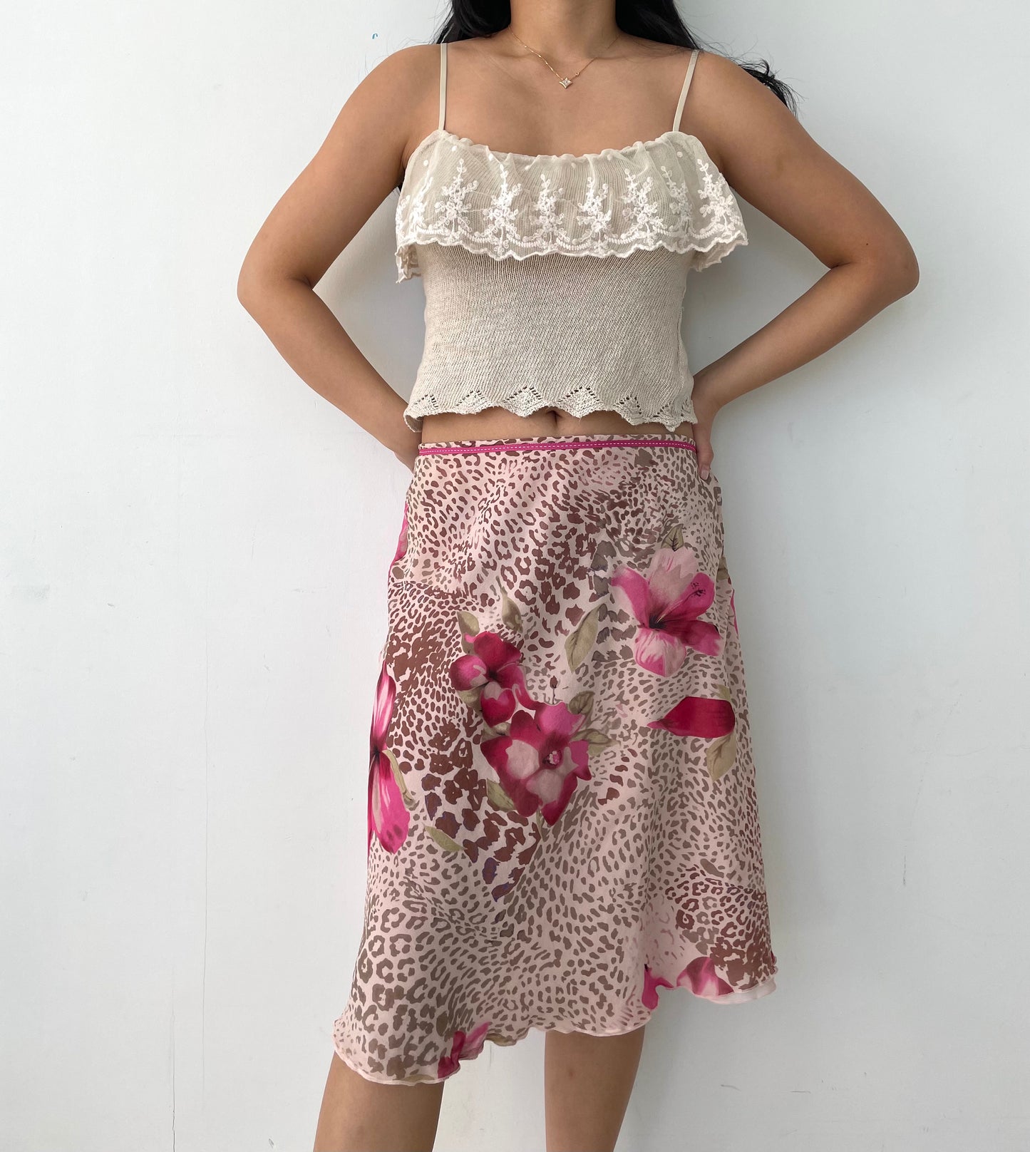 Pink Leopard Print Floral Silk Slip Skirt - Medium