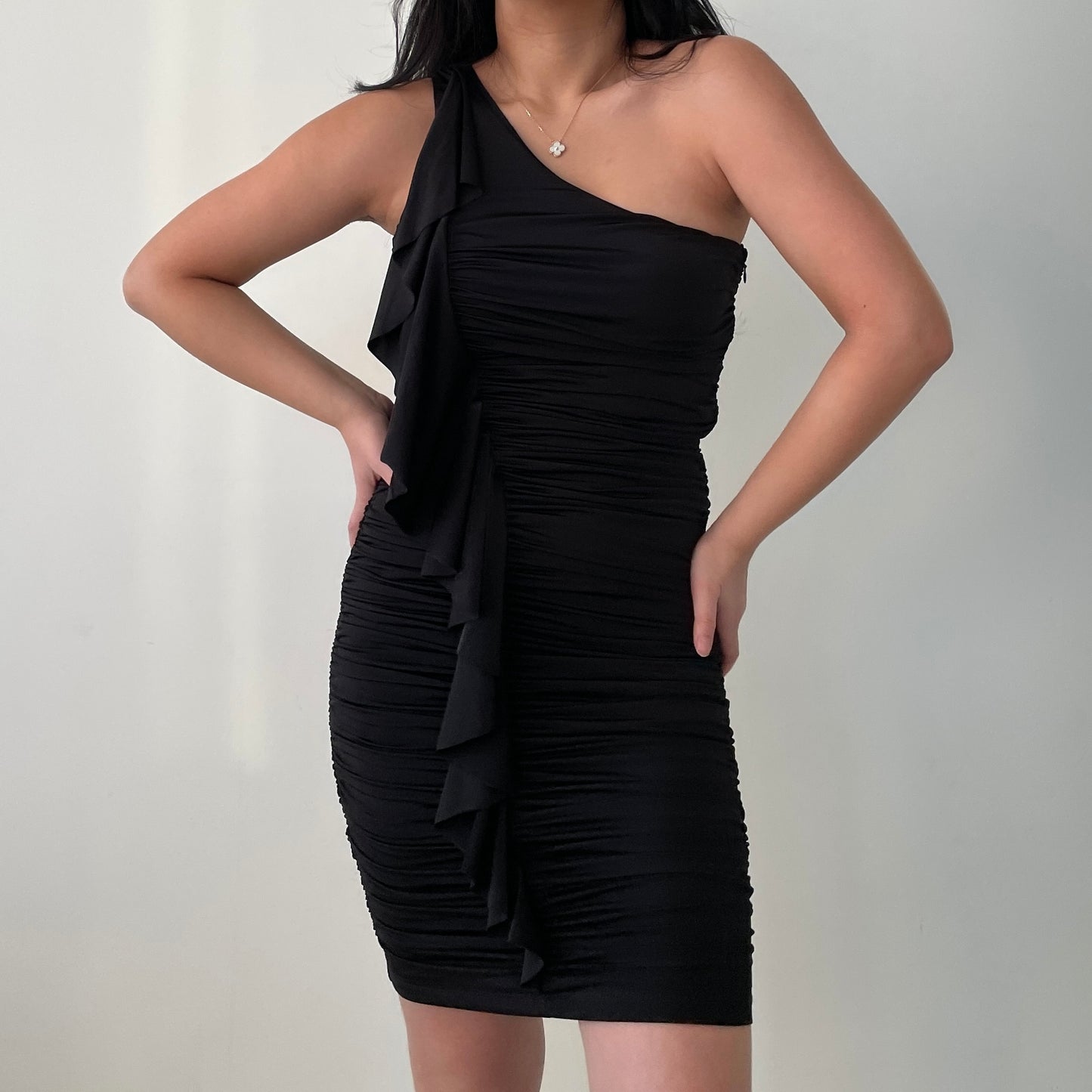 Black One Shoulder Ruched Mini Dress - Small