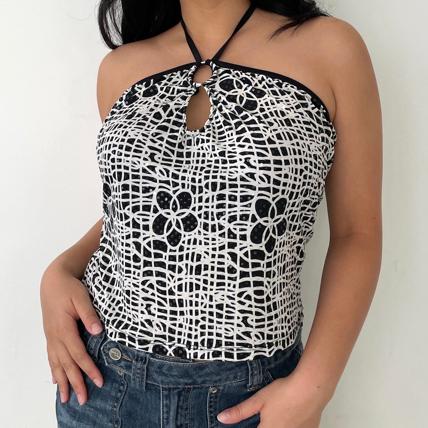 Black & White Abstract Floral Print Halter Neck Top