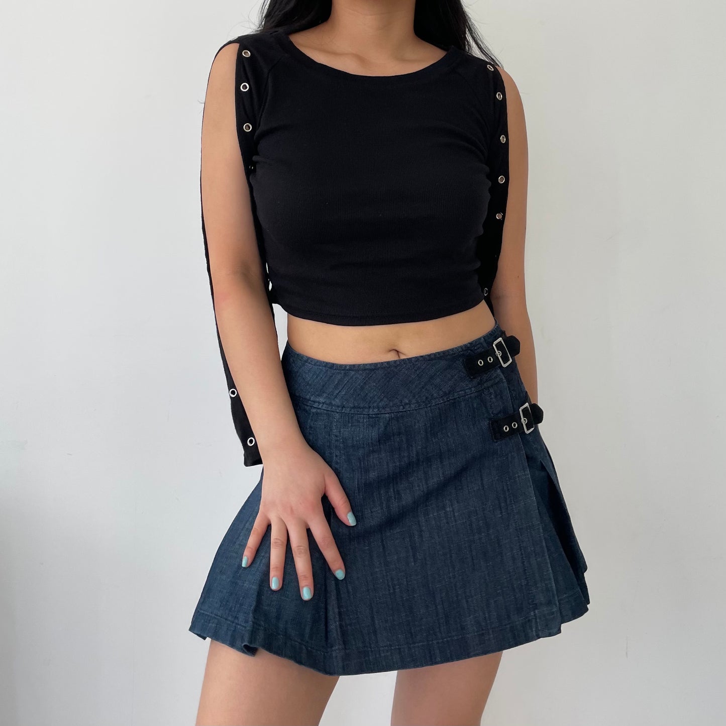 Black Grommet Sleeve High Neck Ribbed Crop Top - Medium