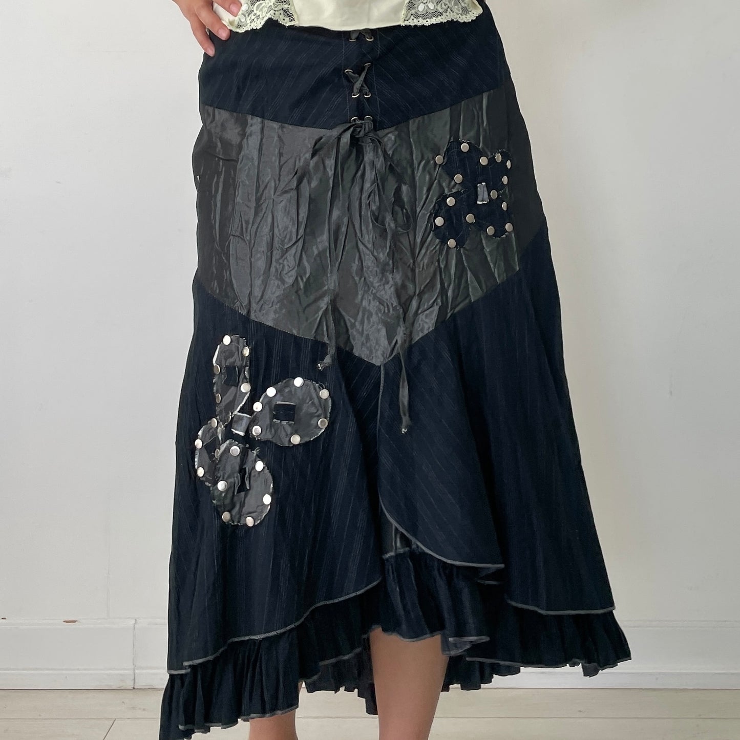 Black Multi-Textile Patchwork Butterfly Tiered Waterfall Skirt