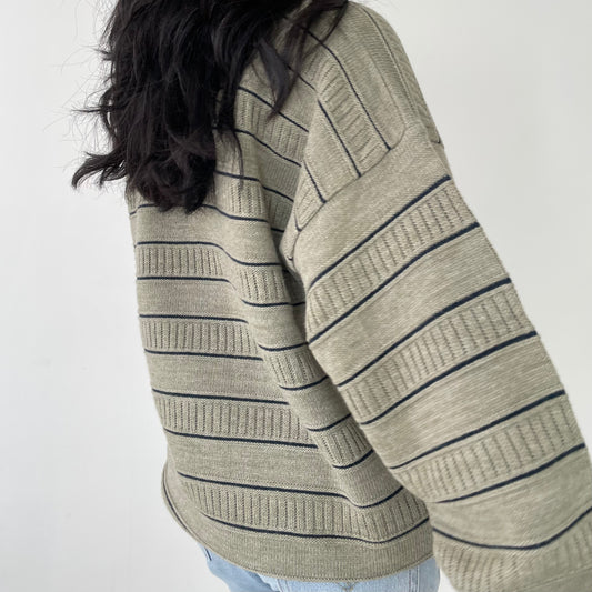 Vintage Marks & Spencer Khaki Green Striped Long Sleeve Knit Crewneck - X-Large