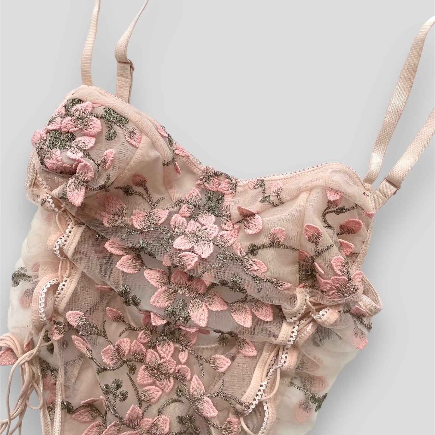 Pink Mesh Floral Embroidered Lingerie Bodysuit - XX-Small