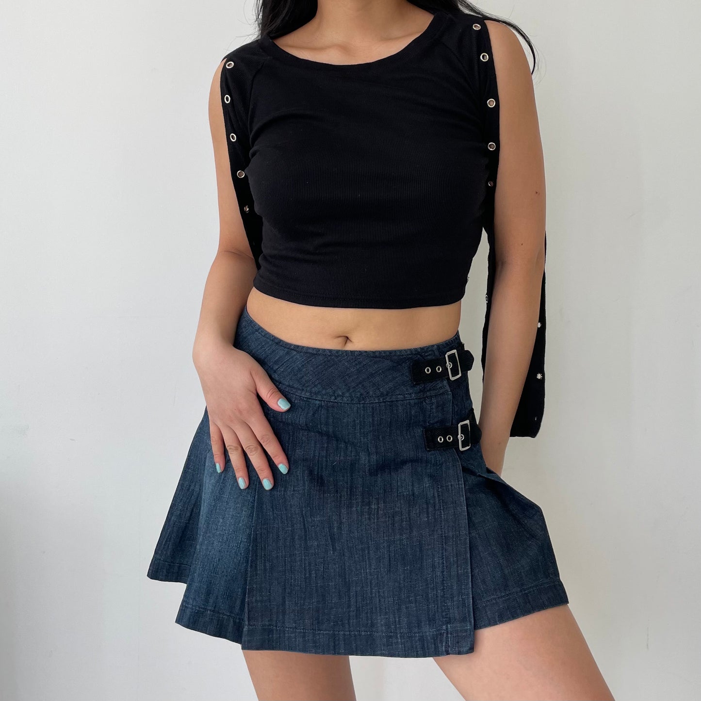 Black Grommet Sleeve High Neck Ribbed Crop Top - Medium