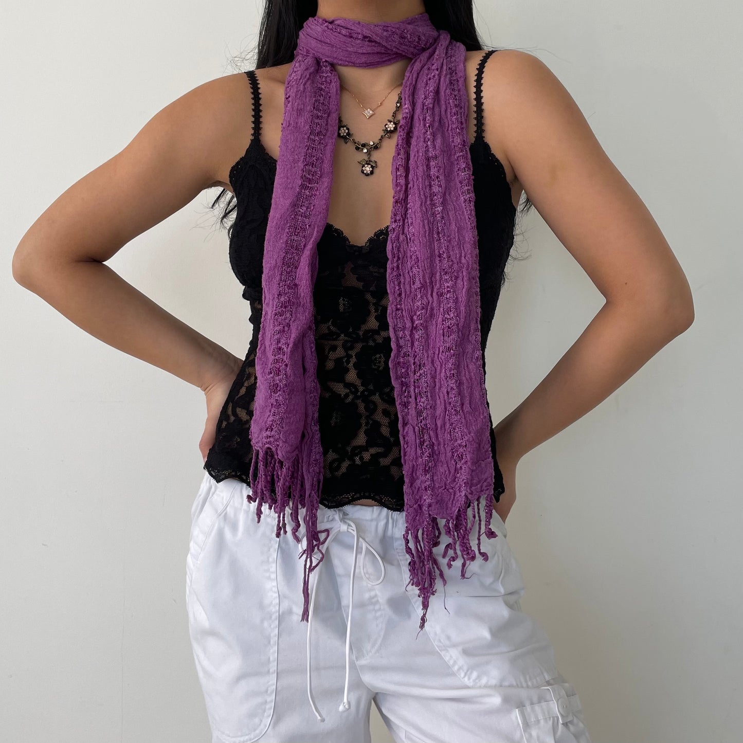 Purple Fringed Sparkly Skinny Scarf