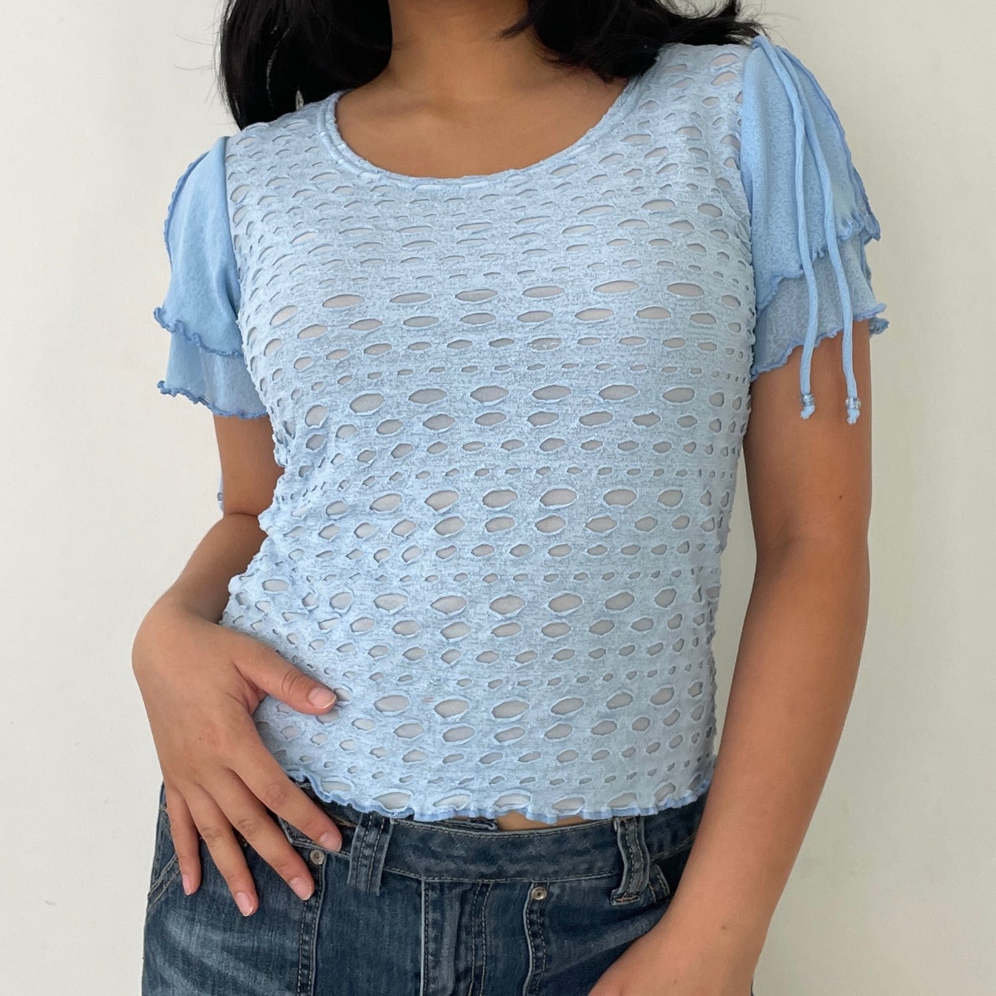 Light Blue Fairycore Ruffle Sleeve Textured Tee