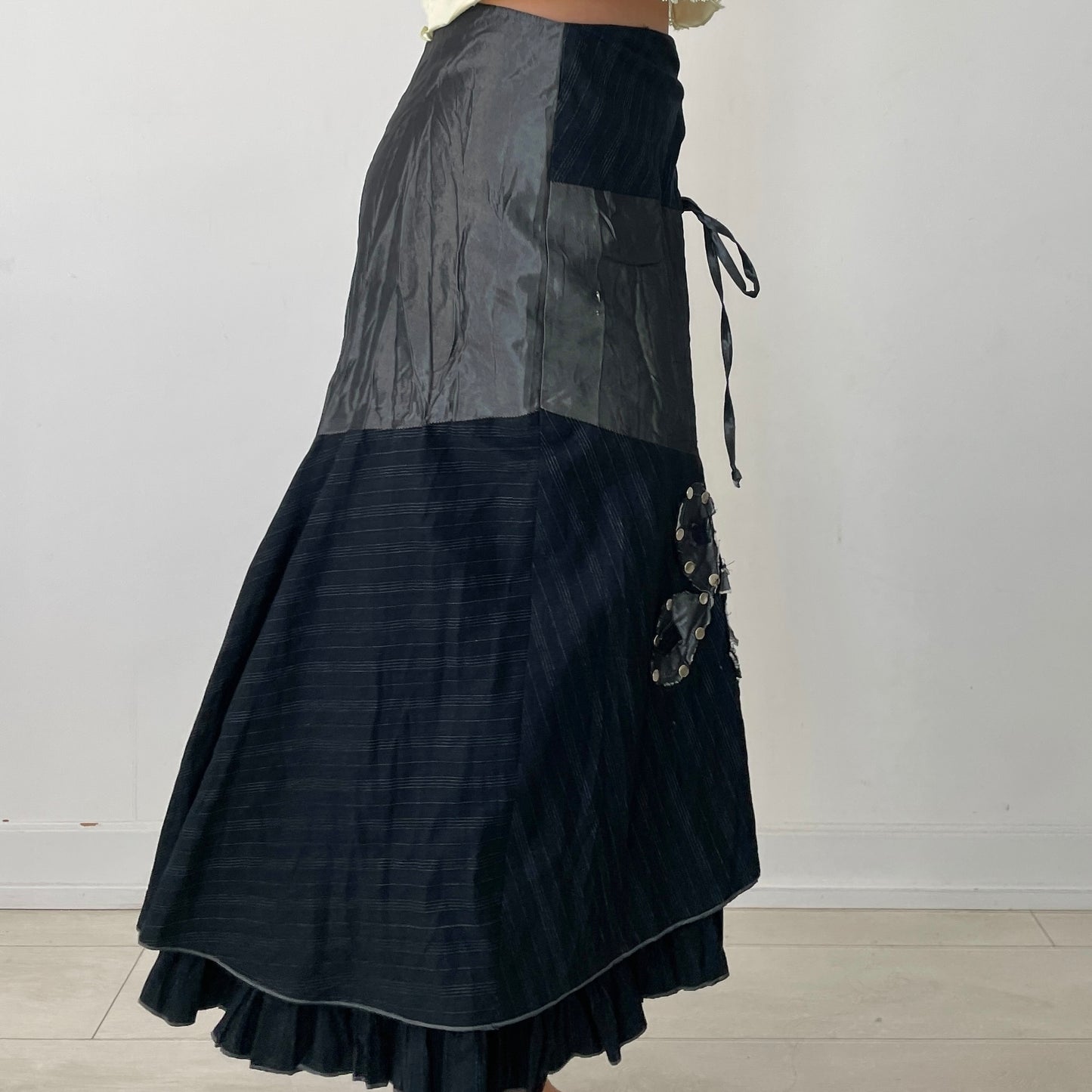 Black Multi-Textile Patchwork Butterfly Tiered Waterfall Skirt