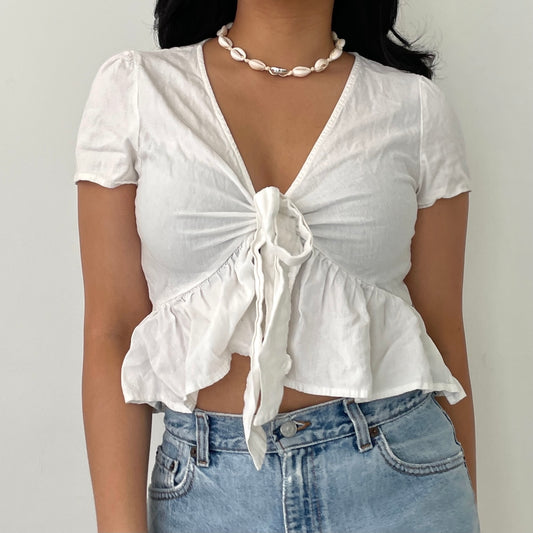 White Brandy Melville Linen Short Sleeve Tie Front Top