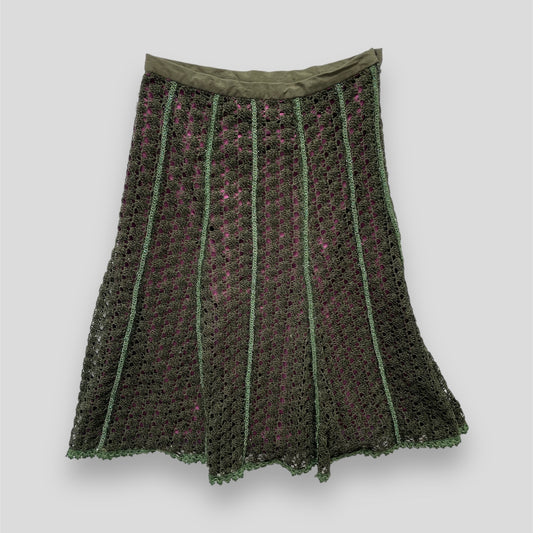 Mary Villa Green and Purple Crochet Knit Midi Skirt - Small