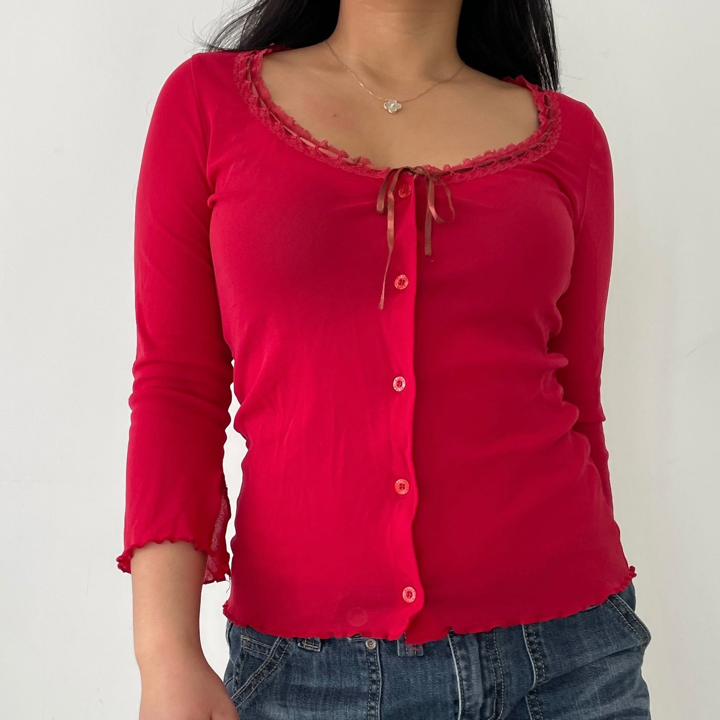 Kookaï Red Long Sleeve Button Up Mesh Top - Small/Medium