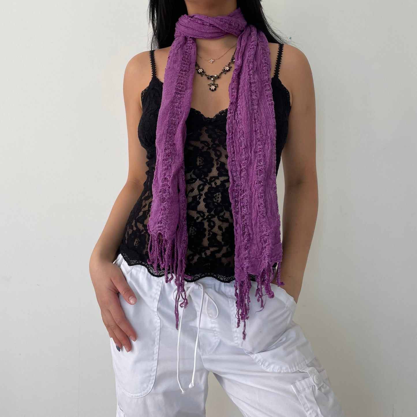 Purple Fringed Sparkly Skinny Scarf