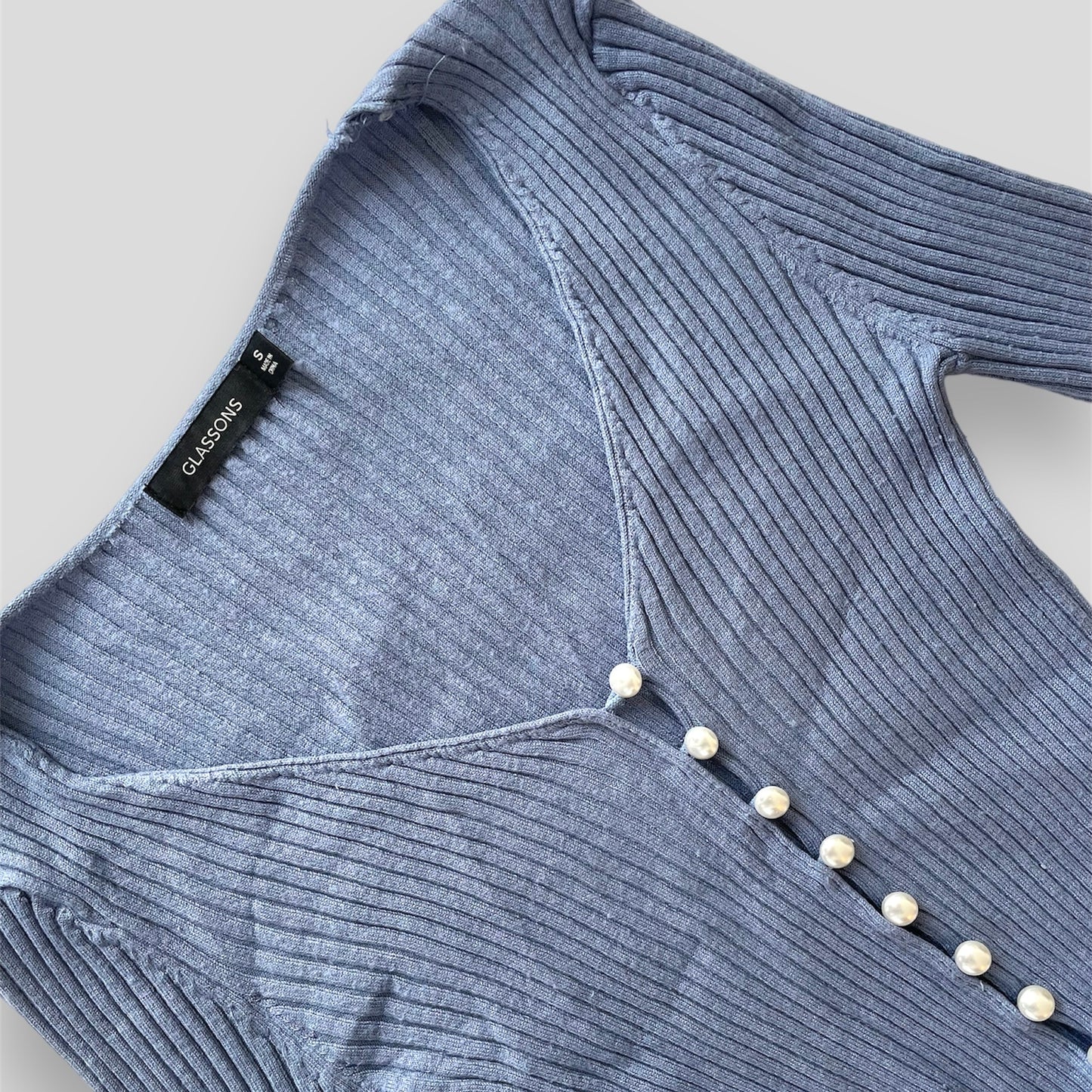 Glassons Indigo Blue Ribbed V Neck Pearl Button Cardigan - Small