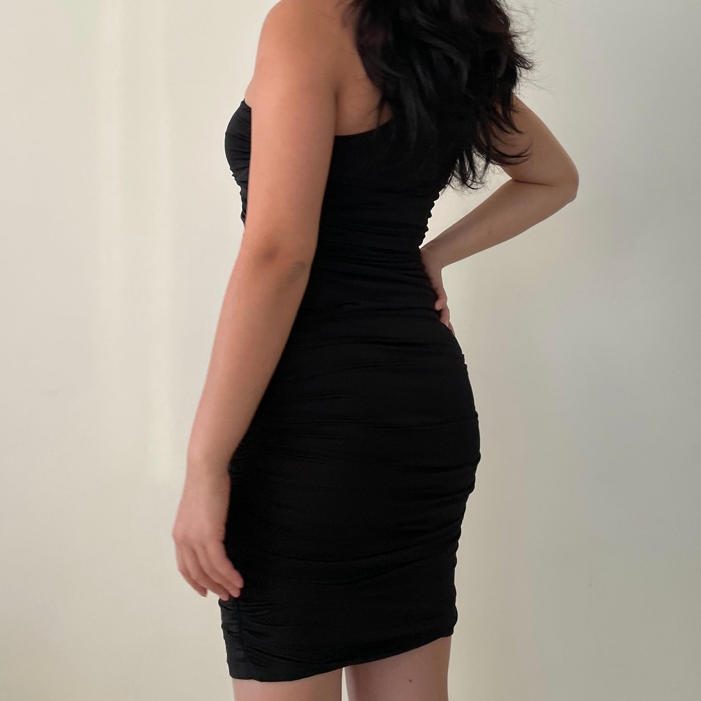 Black One Shoulder Ruched Mini Dress - Small