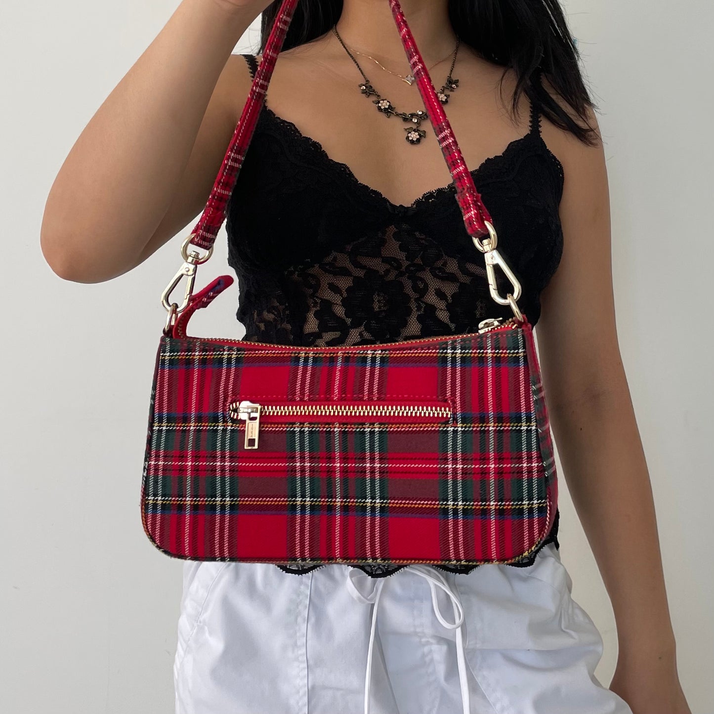 John Galt Red Plaid Mini Cotton Shoulder Bag