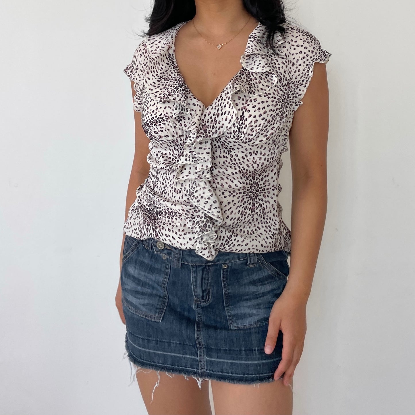 Miss Sixty Pink & White Leopard Print Ruffle Collared Blouse - Zoehify 