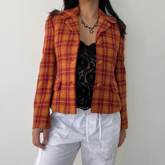 Vintage 1990s Dolce & Gabbana Wool & Alpaca Orange Plaid Blazer - X-Small