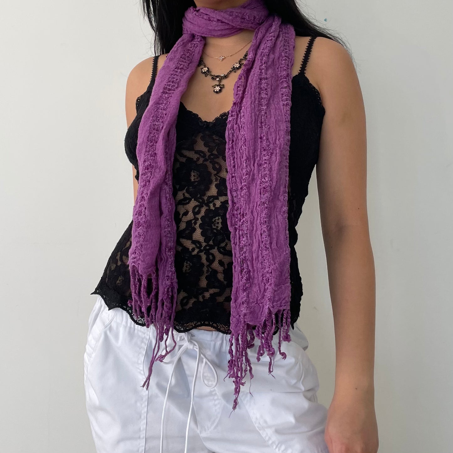 Purple Fringed Sparkly Skinny Scarf