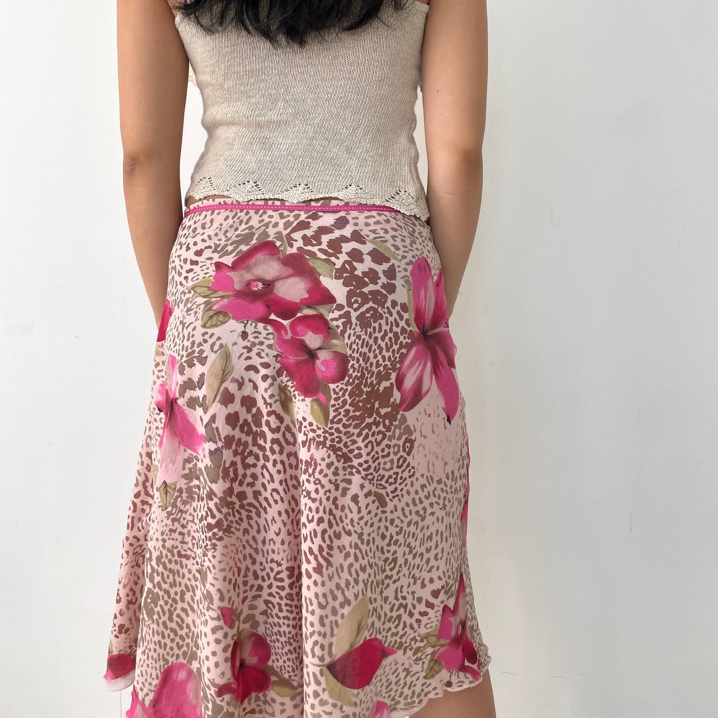 Pink Leopard Print Floral Silk Slip Skirt - Medium