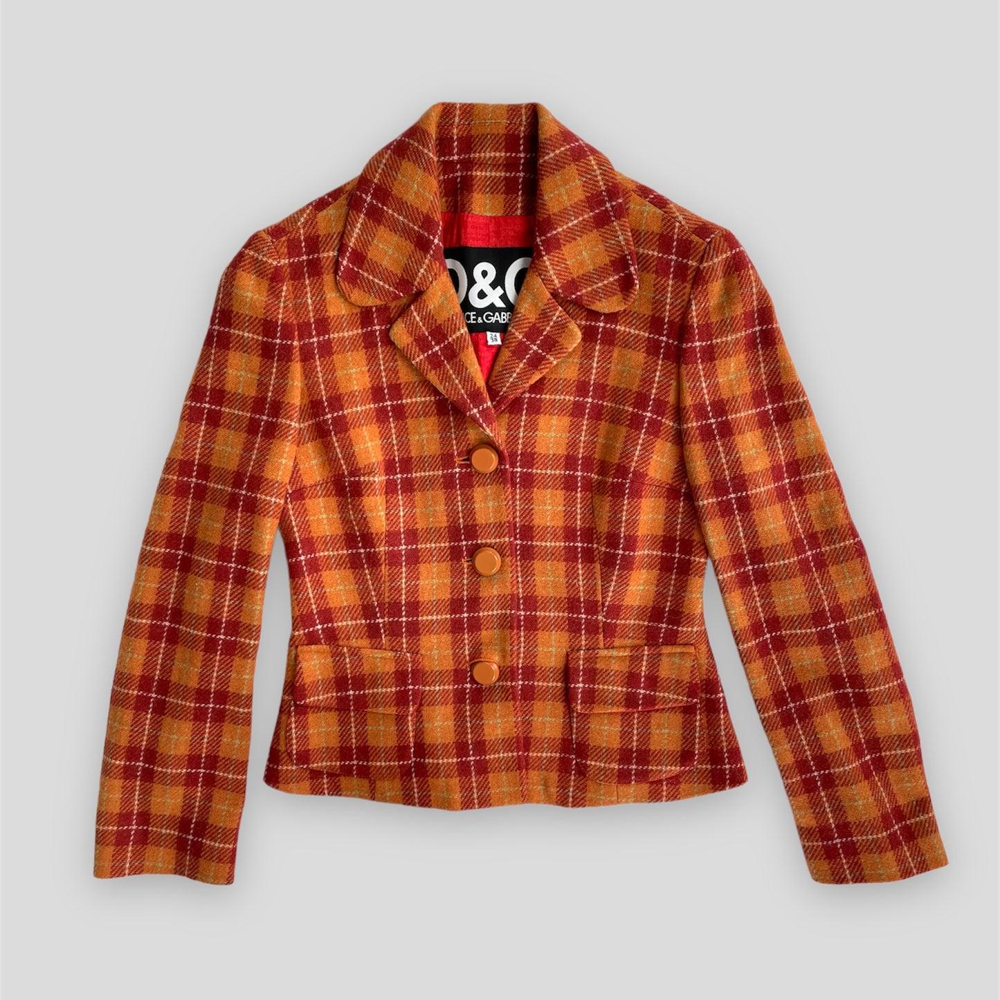 Vintage 1990s Dolce & Gabbana Wool & Alpaca Orange Plaid Blazer - X-Small