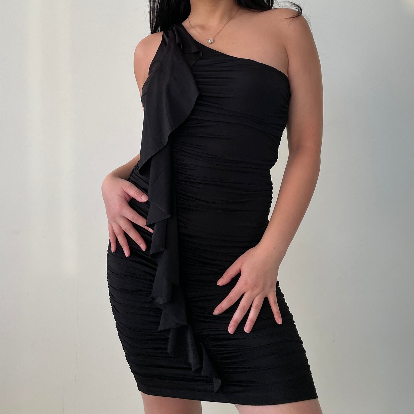 Black One Shoulder Ruched Mini Dress - Small