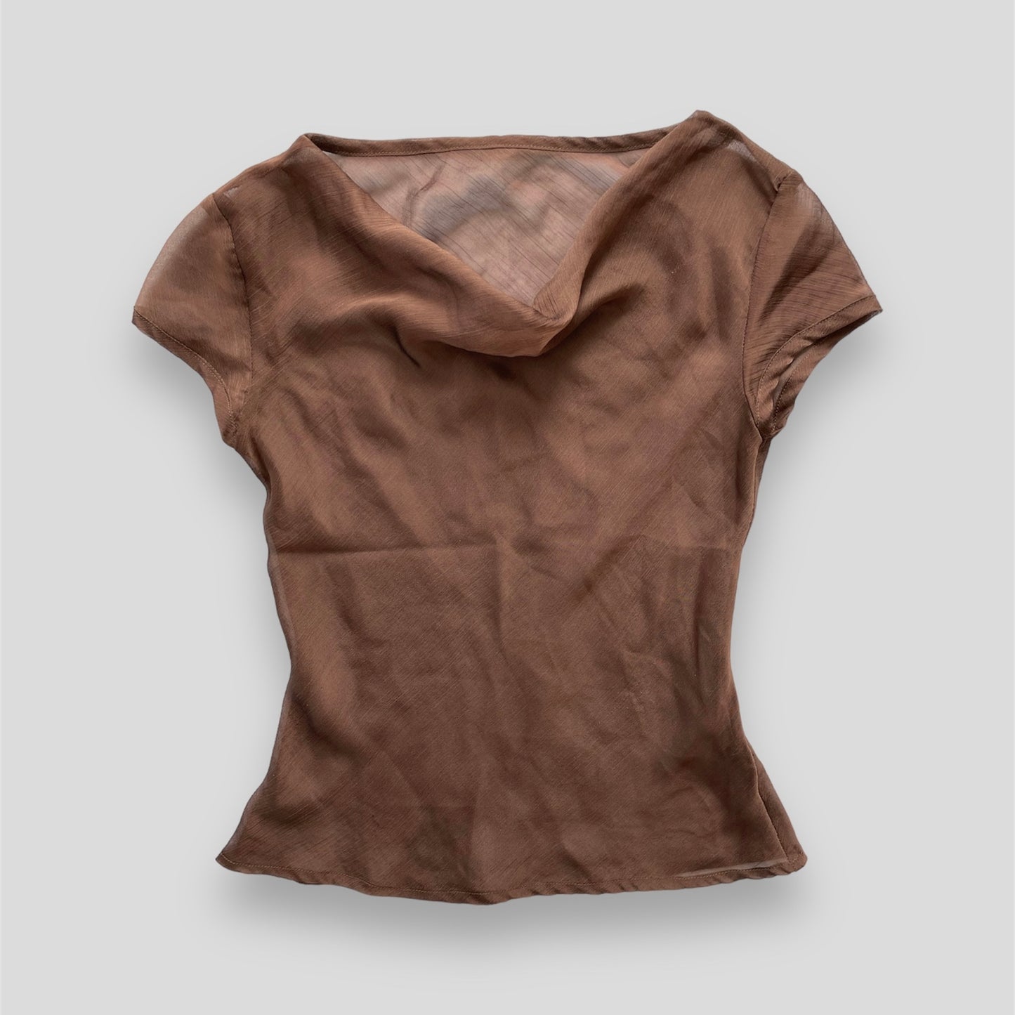 90s Style Brown Sheer Short Sleeve Cowl Neck Top - X-Small