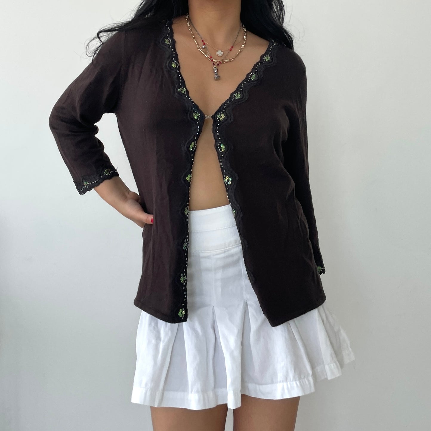 Brown Angora Blend Embroidered Hook-and-Eye V-Neck Cardigan