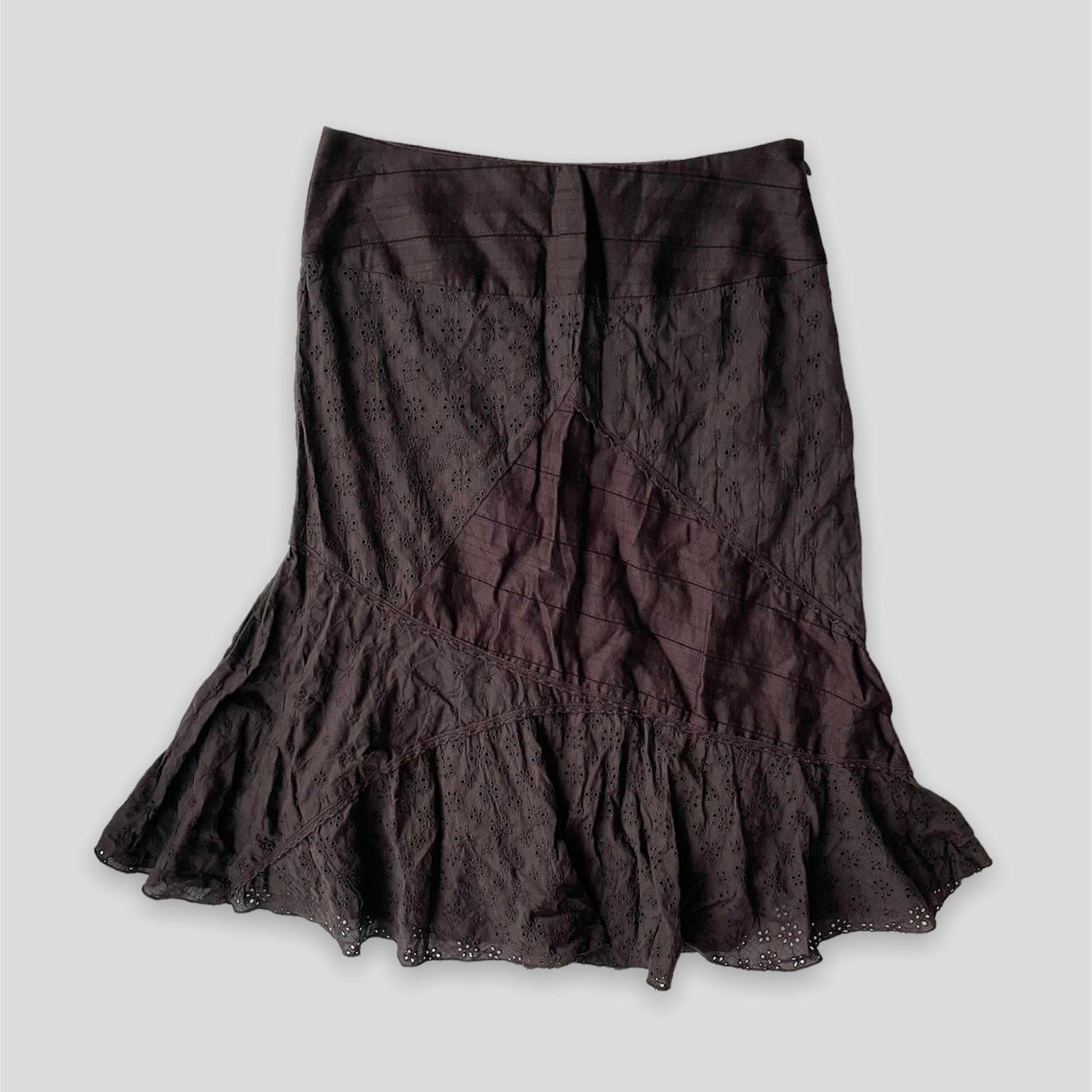 2000s Dynamite Brown Broderie Anglaise Midi Skirt - Small