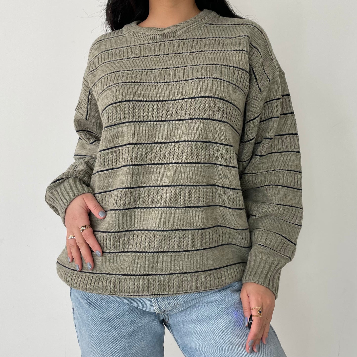 Vintage Marks & Spencer Khaki Green Striped Long Sleeve Knit Crewneck - X-Large