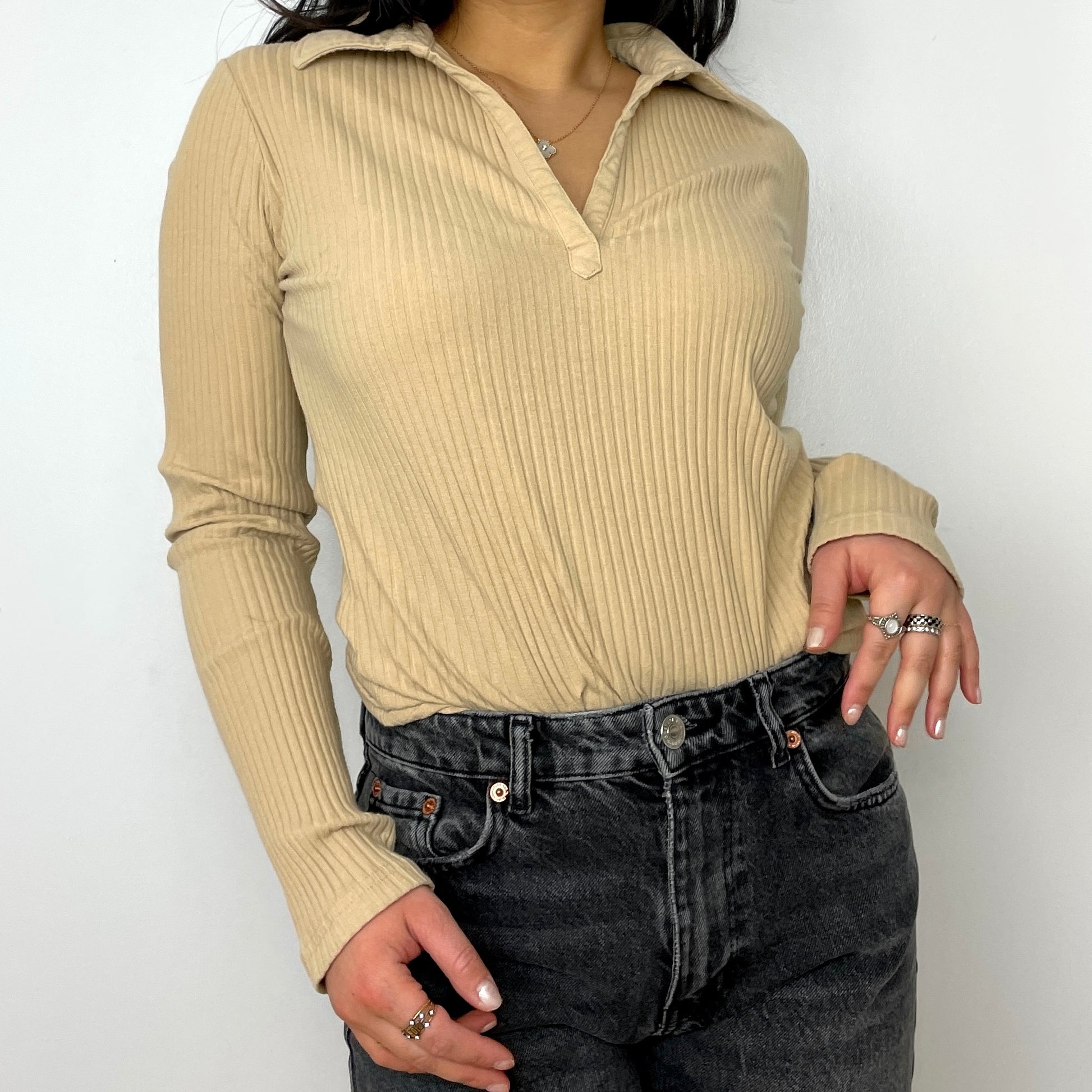 Beige Long Sleeve Collared Tee - Zoehify 