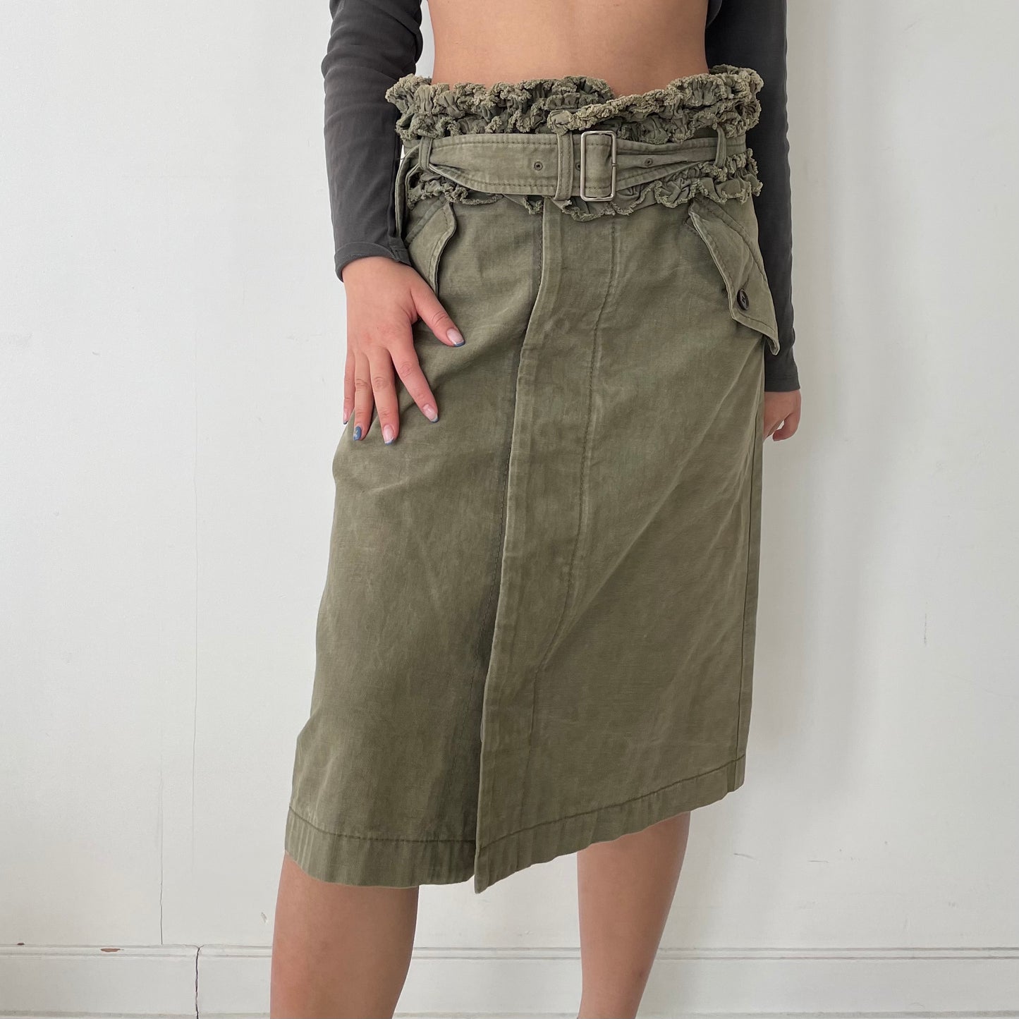 2007 Tricot Comme des Garçons Khaki Green Belted Cotton Midi Skirt - Medium