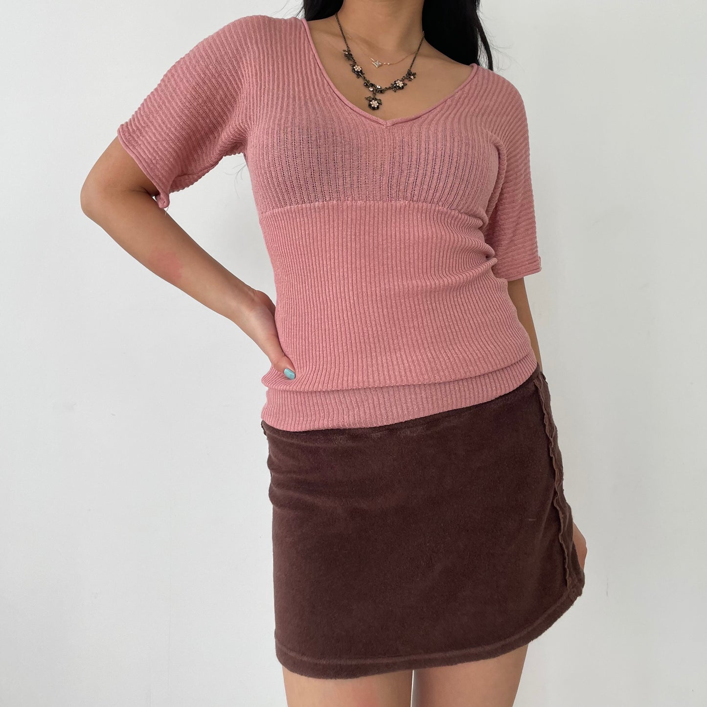 Dynamite Pink Flowy Sleeve V-Neck Ribbed Knit Top - Small