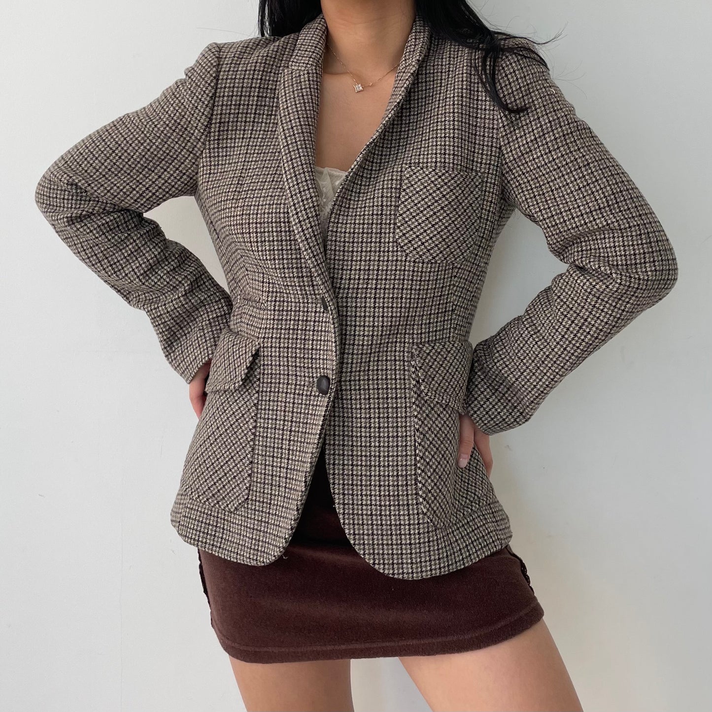 Old Label Zara Brown Houndstooth Single Breasted Blazer - Medium