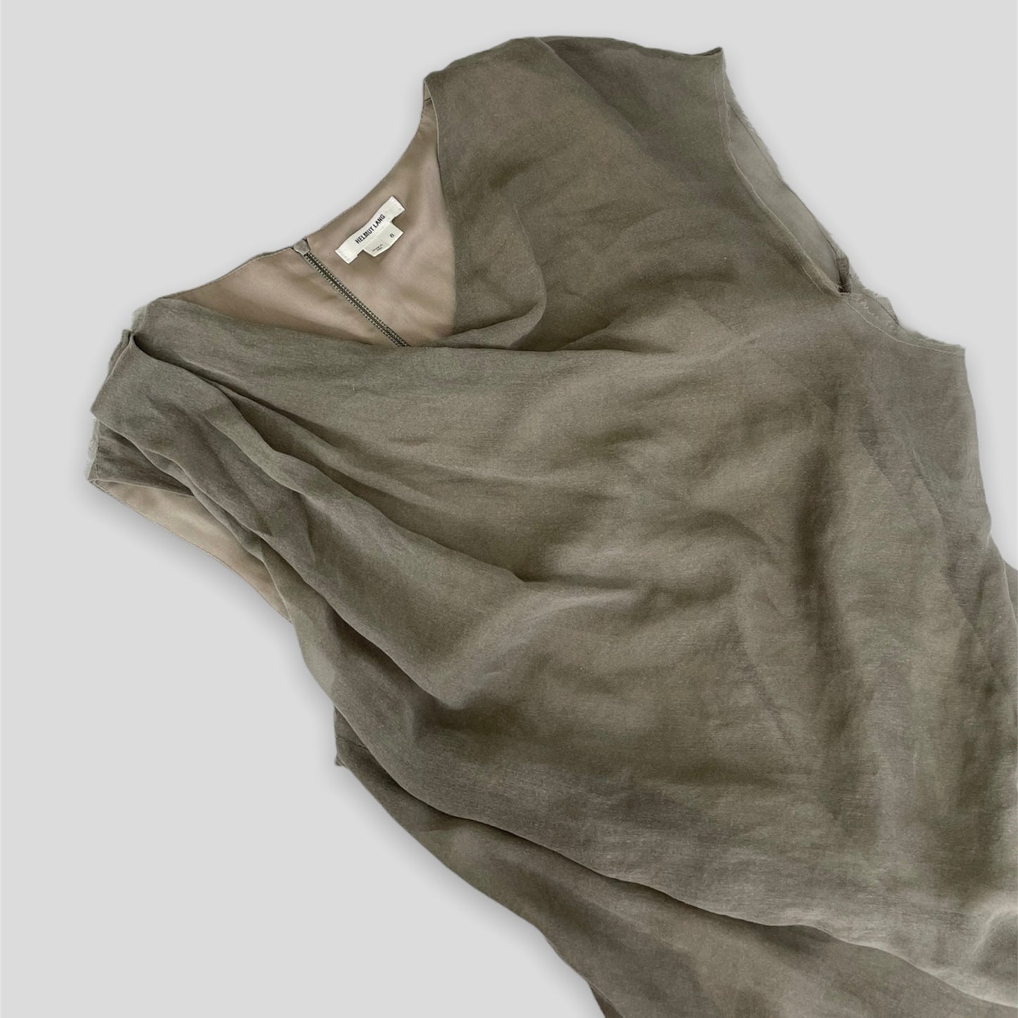 Helmut Lang Taupe Asymmetrical Ruched Silk Dress