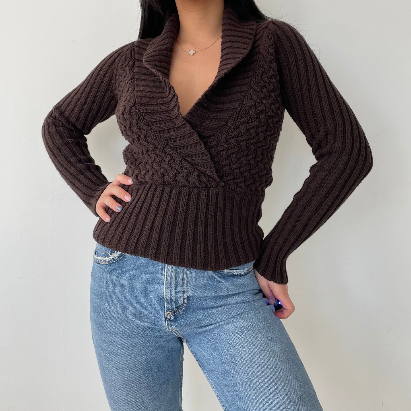 Chado Brown V-Neck Long Sleeve Cable Knit - Small