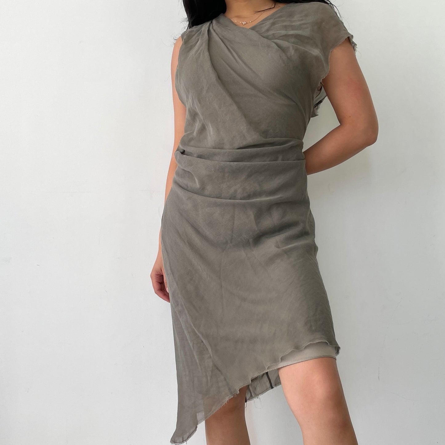 Helmut Lang Taupe Asymmetrical Ruched Silk Dress