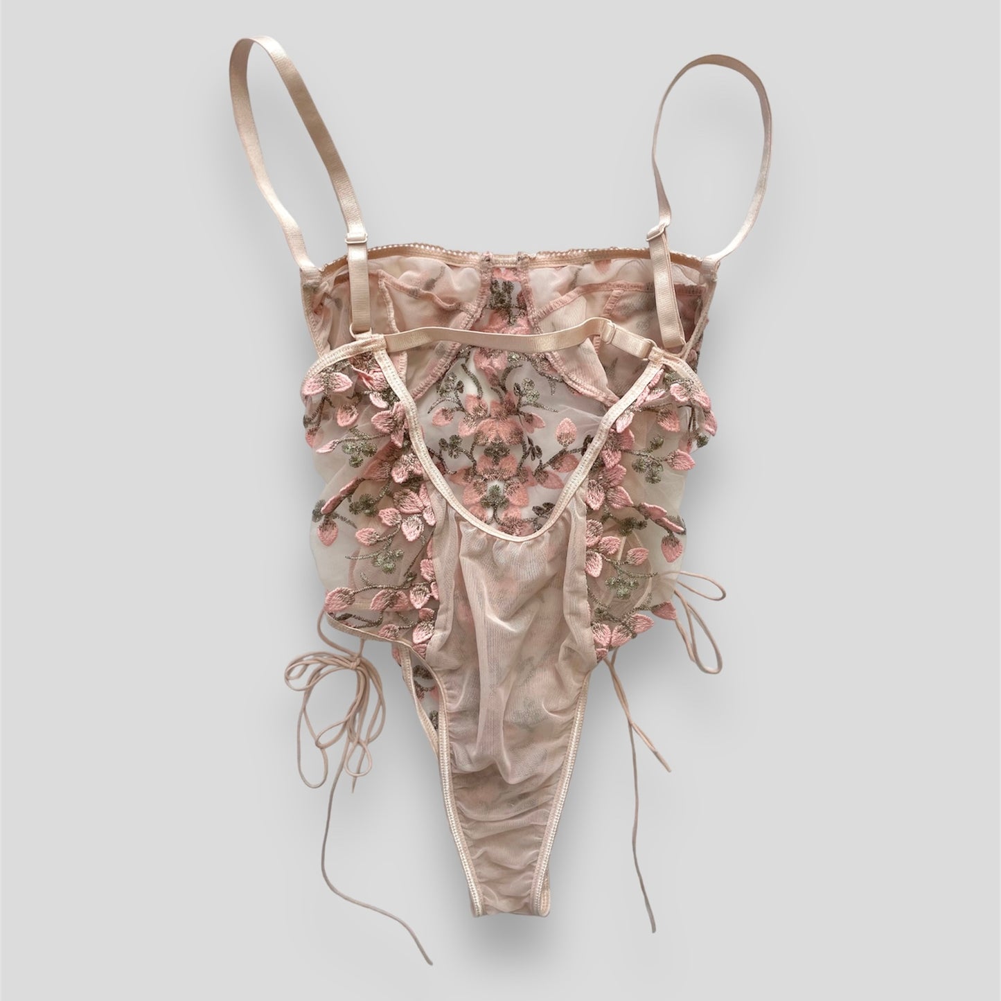 Pink Mesh Floral Embroidered Lingerie Bodysuit - XX-Small