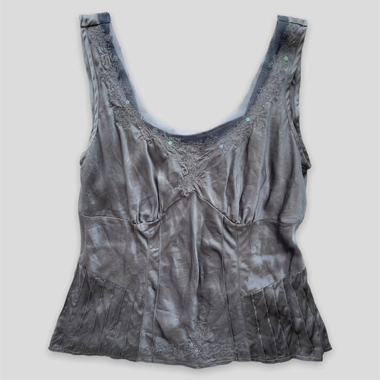 Grey 100% Silk Floral Embroidered Lace Trim Tank Top