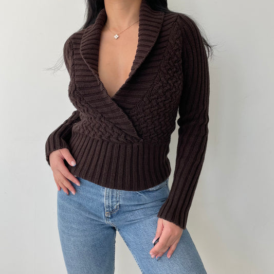 Chado Brown V-Neck Long Sleeve Cable Knit - Small