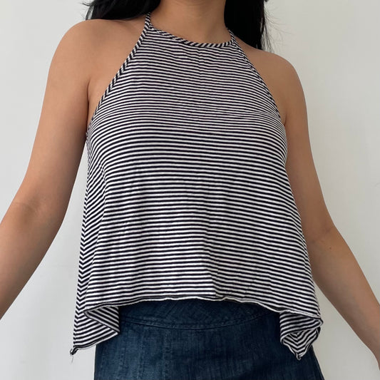 Black and White Striped Racerback Halter Neck Flowy Tank Top - X-Small