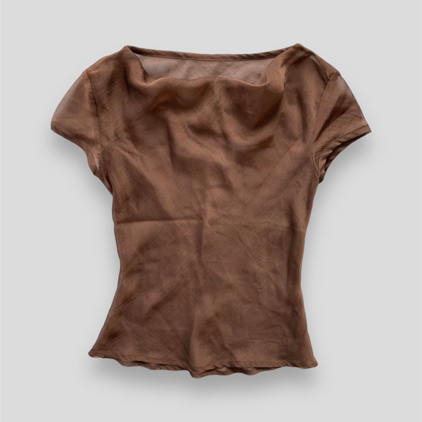 90s Style Brown Sheer Short Sleeve Cowl Neck Top - X-Small