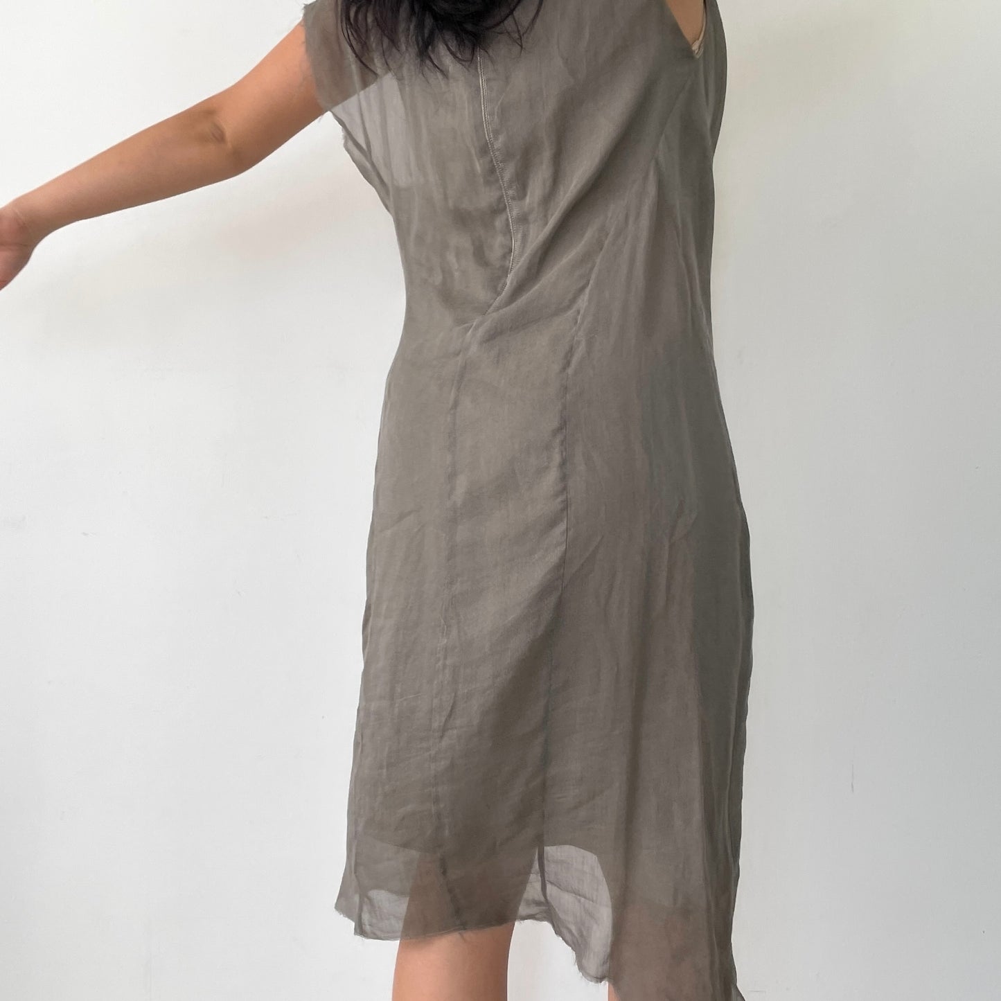 Helmut Lang Taupe Asymmetrical Ruched Silk Dress