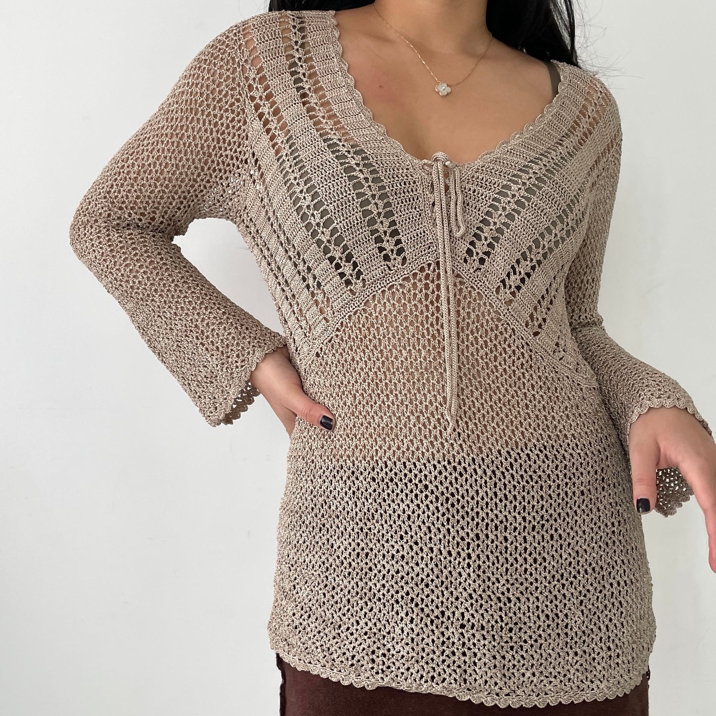 Beige Knit Long Sleeve Crochet Top - Medium