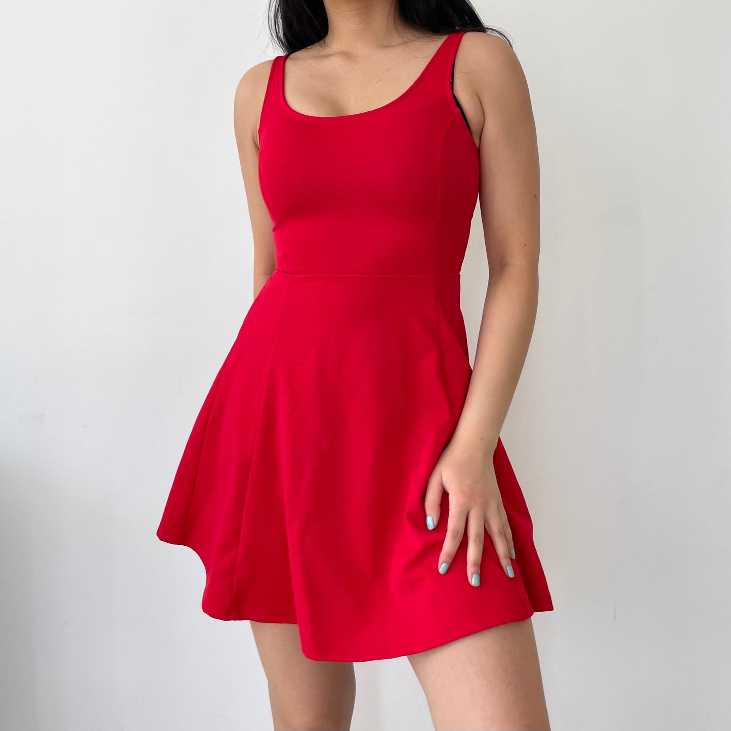 H&M Red Ribbed Fit and Flare Mini Skater Dress - X-Small