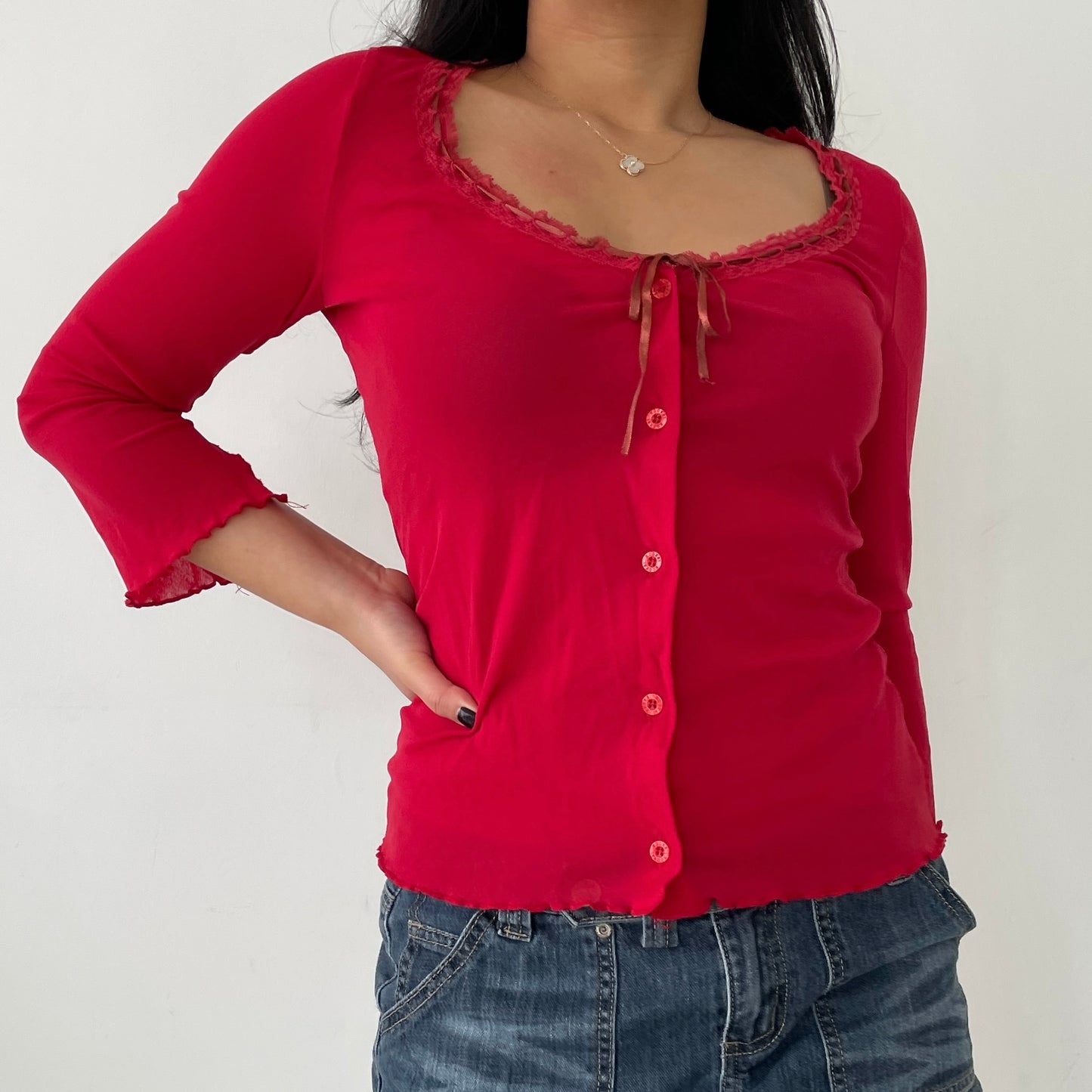 Kookaï Red Long Sleeve Button Up Mesh Top - Small/Medium